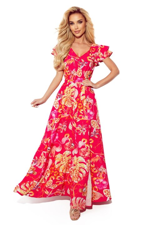 310-4 LIDIA długa sukienka z dekoltem i falbankami - RÓŻOWA W KWIATY - XL 310-4 LIDIA długa sukienka z dekoltem i falbankami - RÓŻOWA W KWIATY - XL