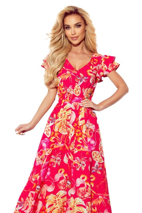 310-4 LIDIA długa sukienka z dekoltem i falbankami - RÓŻOWA W KWIATY - XL 310-4 LIDIA długa sukienka z dekoltem i falbankami - RÓŻOWA W KWIATY - XL