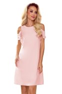 359-1 Trapezowa sukienka z falbankami na ramionach - PASTELOWY RÓŻ - XL