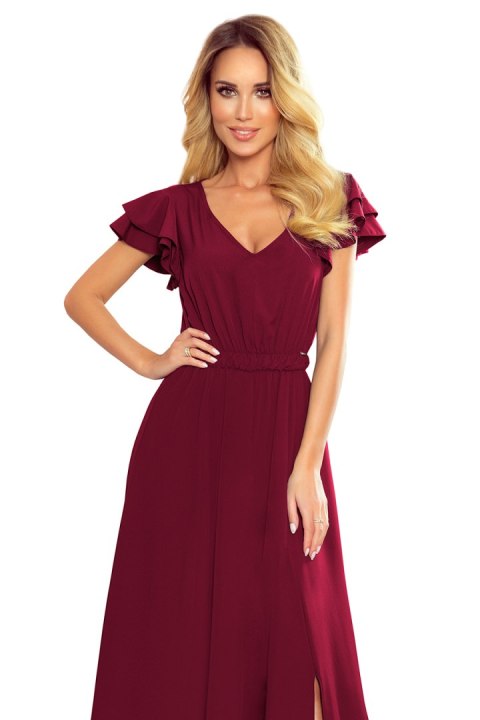 310-5 LIDIA długa sukienka z dekoltem i falbankami - BORDOWA - XL 310-5 LIDIA długa sukienka z dekoltem i falbankami - BORDOWA - XL