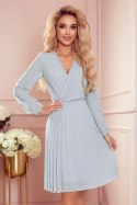 313-11 ISABELLE Plisowana sukienka z dekoltem i długim rękawkiem - SZARA - XXL