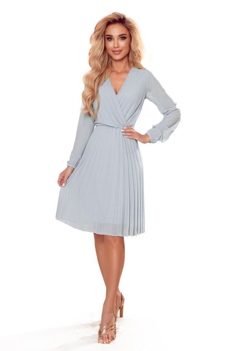 313-11 ISABELLE Plisowana sukienka z dekoltem i długim rękawkiem - SZARA - XXL 313-11 ISABELLE Plisowana sukienka z dekoltem i długim rękawkiem - SZARA - XXL