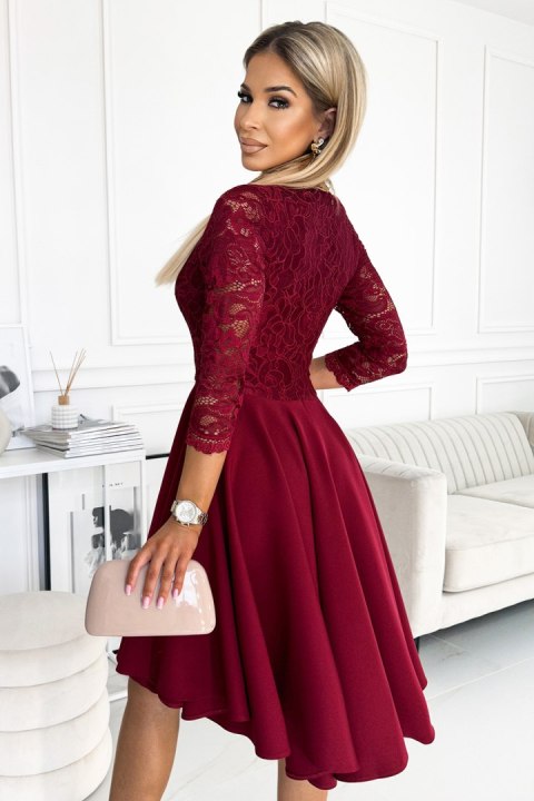 210-15 NICOLLE sukienka z dłuższym tyłem i dekoltem - kolor BORDOWY - S 210-15 NICOLLE sukienka z dłuższym tyłem i dekoltem - kolor BORDOWY - S