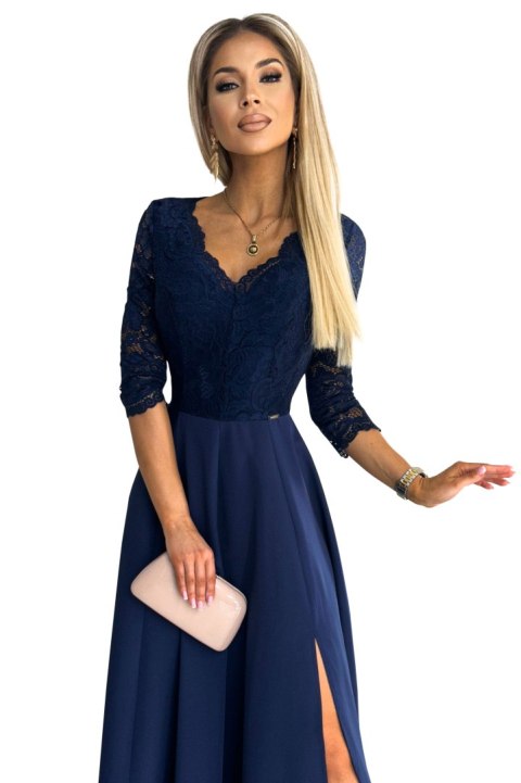 309-6 AMBER elegancka koronkowa długa suknia z dekoltem - GRANATOWA - XXL 309-6 AMBER elegancka koronkowa długa suknia z dekoltem - GRANATOWA - XXL