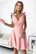 393-2 ROSALIA Kobieca sukienka z kopertowym dekoltem i kokardkami - PUDROWY RÓŻ - XL