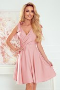 393-2 ROSALIA Kobieca sukienka z kopertowym dekoltem i kokardkami - PUDROWY RÓŻ - XL