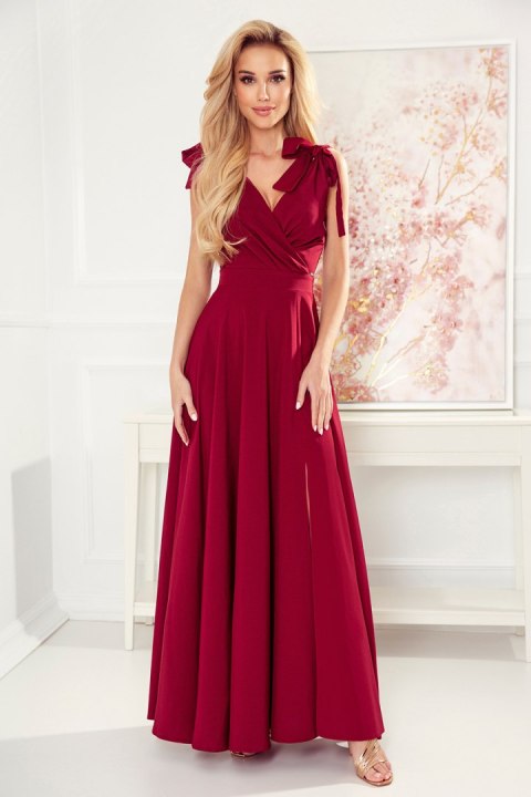 405-1 ELENA Długa suknia z dekoltem i wiązaniami na ramionach - BORDOWA - XL 405-1 ELENA Długa suknia z dekoltem i wiązaniami na ramionach - BORDOWA - XL