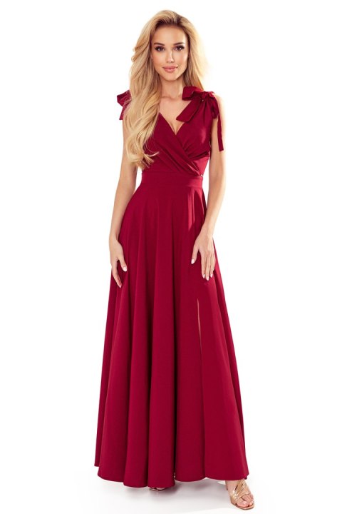 405-1 ELENA Długa suknia z dekoltem i wiązaniami na ramionach - BORDOWA - XL 405-1 ELENA Długa suknia z dekoltem i wiązaniami na ramionach - BORDOWA - XL