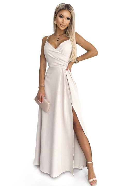 299-6 CHIARA elegancka maxi długa suknia na ramiączkach - BEŻOWA - M 299-6 CHIARA elegancka maxi długa suknia na ramiączkach - BEŻOWA - M
