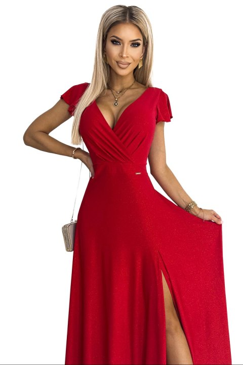411-2 CRYSTAL połyskująca długa suknia z dekoltem - CZERWONA - XXXL 411-2 CRYSTAL połyskująca długa suknia z dekoltem - CZERWONA - XXXL