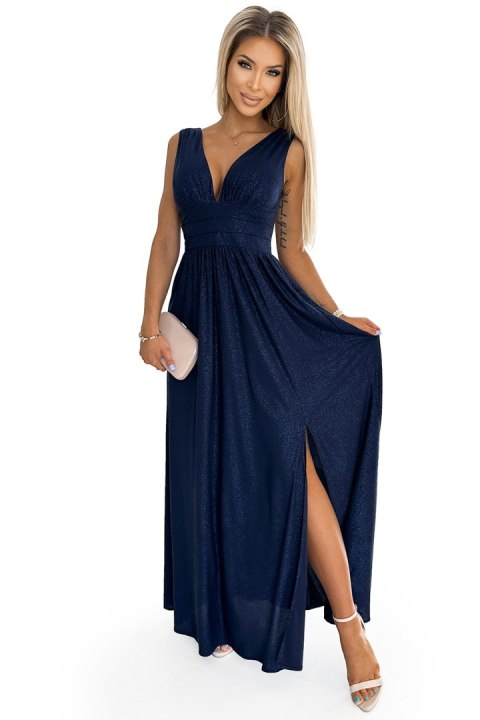 490-1 SUSAN Długa brokatowa suknia z dekoltem i przeszyciami w pasie - GRANATOWA - XL 490-1 SUSAN Długa brokatowa suknia z dekoltem i przeszyciami w pasie - GRANATOWA - XL