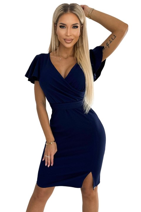 479-2 NINA sukienka z kopertowym dekoltem, rękawkiem i paskiem - GRANATOWA - XXL 479-2 NINA sukienka z kopertowym dekoltem, rękawkiem i paskiem - GRANATOWA - XXL