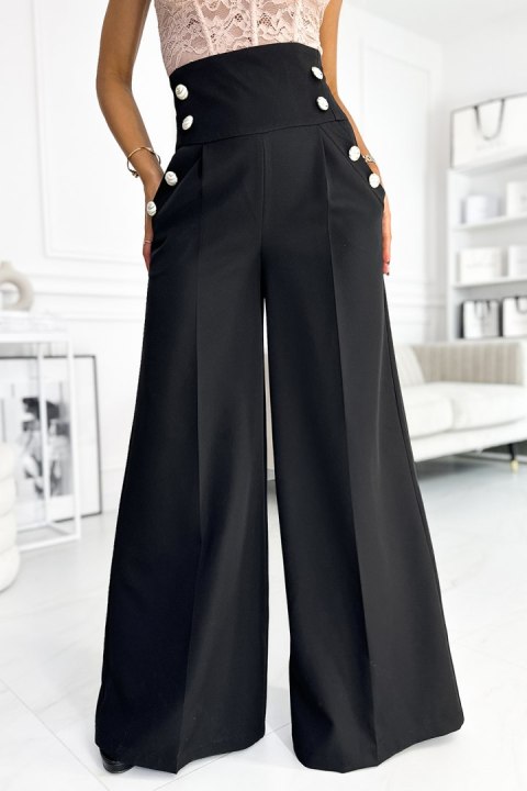 496-1 Eleganckie szerokie spodnie z wysokim stanem i złotymi guzikami - CZARNE - M 496-1 Eleganckie szerokie spodnie z wysokim stanem i złotymi guzikami - CZARNE - M