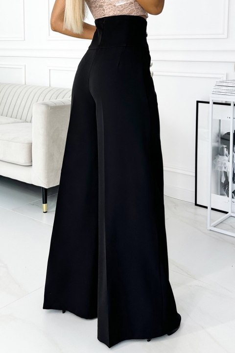 496-1 Eleganckie szerokie spodnie z wysokim stanem i złotymi guzikami - CZARNE - M 496-1 Eleganckie szerokie spodnie z wysokim stanem i złotymi guzikami - CZARNE - M