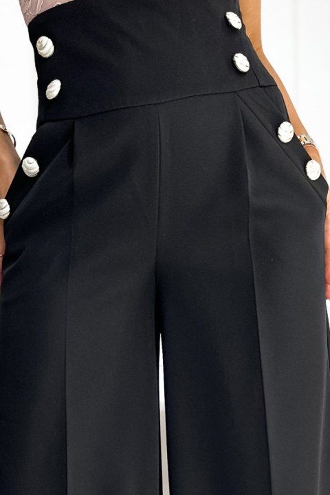 496-1 Eleganckie szerokie spodnie z wysokim stanem i złotymi guzikami - CZARNE - M 496-1 Eleganckie szerokie spodnie z wysokim stanem i złotymi guzikami - CZARNE - M