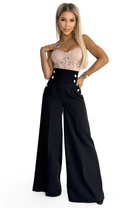 496-1 Eleganckie szerokie spodnie z wysokim stanem i złotymi guzikami - CZARNE - S 496-1 Eleganckie szerokie spodnie z wysokim stanem i złotymi guzikami - CZARNE - S