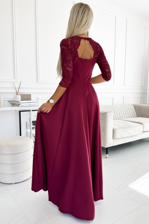 309-9 AMBER elegancka długa suknia maxi z koronkowym dekoltem - BORDOWA - XL 309-9 AMBER elegancka długa suknia maxi z koronkowym dekoltem - BORDOWA - XL