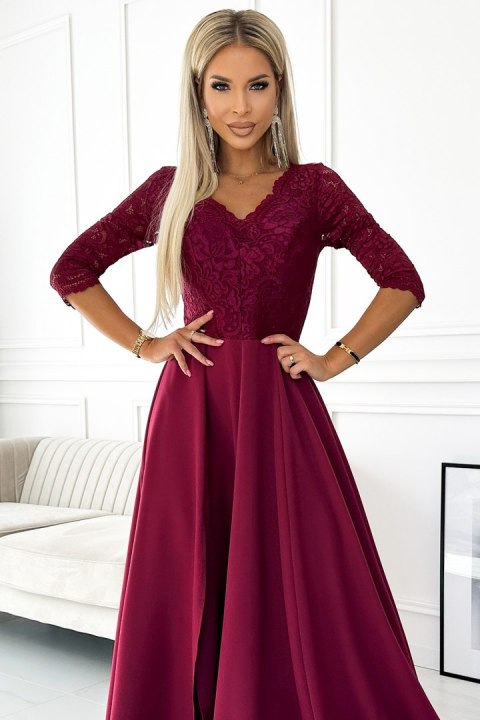 309-9 AMBER elegancka długa suknia maxi z koronkowym dekoltem - BORDOWA - XL 309-9 AMBER elegancka długa suknia maxi z koronkowym dekoltem - BORDOWA - XL