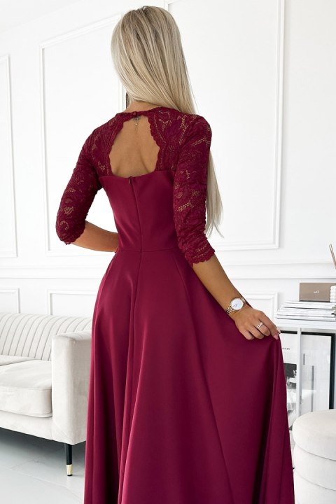 309-9 AMBER elegancka długa suknia maxi z koronkowym dekoltem - BORDOWA - XL 309-9 AMBER elegancka długa suknia maxi z koronkowym dekoltem - BORDOWA - XL