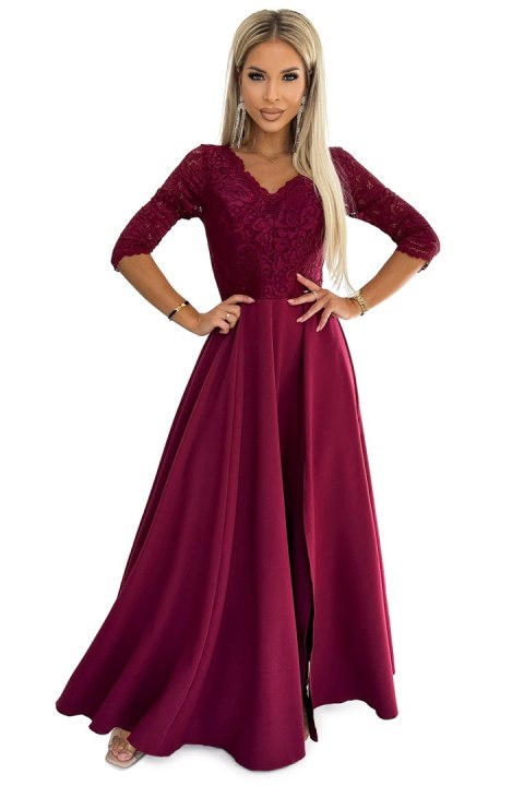 309-9 AMBER elegancka długa suknia maxi z koronkowym dekoltem - BORDOWA - XL 309-9 AMBER elegancka długa suknia maxi z koronkowym dekoltem - BORDOWA - XL