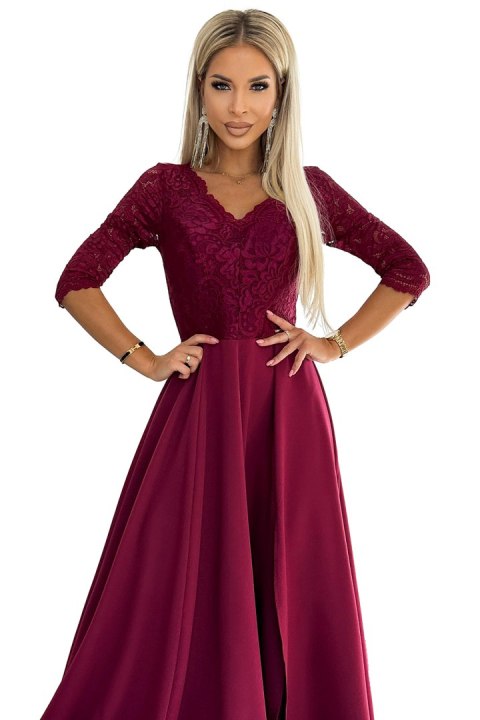 309-9 AMBER elegancka długa suknia maxi z koronkowym dekoltem - BORDOWA - XL 309-9 AMBER elegancka długa suknia maxi z koronkowym dekoltem - BORDOWA - XL