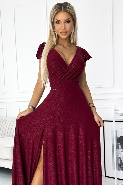411-8 CRYSTAL połyskująca długa suknia z dekoltem - BORDOWA - XXL 411-8 CRYSTAL połyskująca długa suknia z dekoltem - BORDOWA - XXL