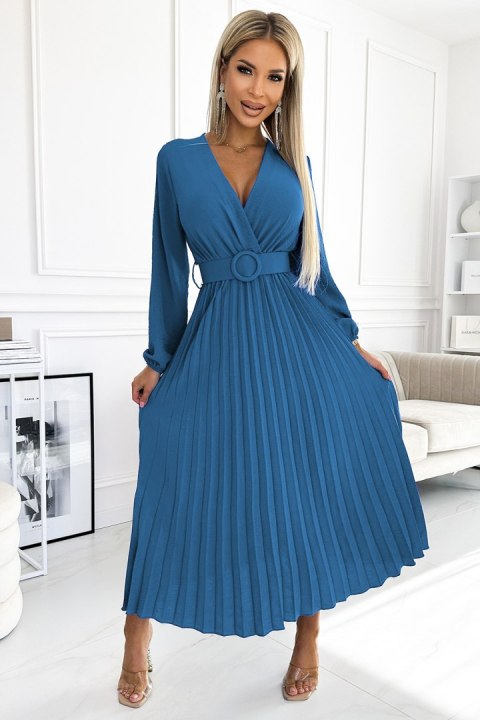 504-5 VIVIANA Plisowana sukienka midi z dekoltem, długim rękawkiem i szerokim paskiem - kolor JEANS - UNI 504-5 VIVIANA Plisowana sukienka midi z dekoltem, długim rękawkiem i szerokim paskiem - kolor JEANS - UNI