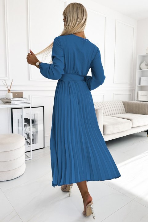 504-5 VIVIANA Plisowana sukienka midi z dekoltem, długim rękawkiem i szerokim paskiem - kolor JEANS - UNI 504-5 VIVIANA Plisowana sukienka midi z dekoltem, długim rękawkiem i szerokim paskiem - kolor JEANS - UNI