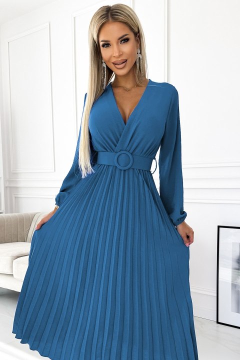 504-5 VIVIANA Plisowana sukienka midi z dekoltem, długim rękawkiem i szerokim paskiem - kolor JEANS - UNI 504-5 VIVIANA Plisowana sukienka midi z dekoltem, długim rękawkiem i szerokim paskiem - kolor JEANS - UNI