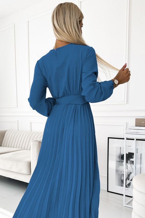 504-5 VIVIANA Plisowana sukienka midi z dekoltem, długim rękawkiem i szerokim paskiem - kolor JEANS - UNI 504-5 VIVIANA Plisowana sukienka midi z dekoltem, długim rękawkiem i szerokim paskiem - kolor JEANS - UNI