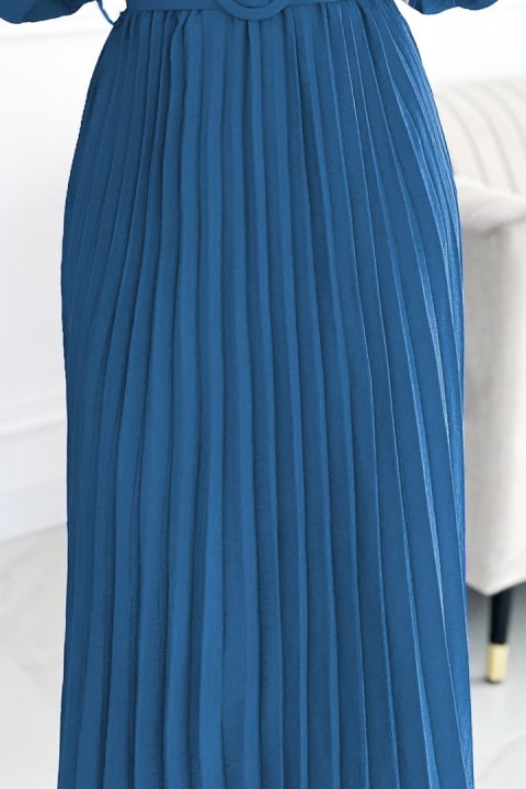 504-5 VIVIANA Plisowana sukienka midi z dekoltem, długim rękawkiem i szerokim paskiem - kolor JEANS - UNI 504-5 VIVIANA Plisowana sukienka midi z dekoltem, długim rękawkiem i szerokim paskiem - kolor JEANS - UNI