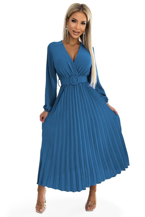 504-5 VIVIANA Plisowana sukienka midi z dekoltem, długim rękawkiem i szerokim paskiem - kolor JEANS - UNI 504-5 VIVIANA Plisowana sukienka midi z dekoltem, długim rękawkiem i szerokim paskiem - kolor JEANS - UNI