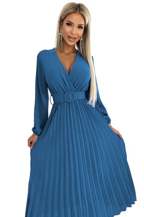 504-5 VIVIANA Plisowana sukienka midi z dekoltem, długim rękawkiem i szerokim paskiem - kolor JEANS - UNI 504-5 VIVIANA Plisowana sukienka midi z dekoltem, długim rękawkiem i szerokim paskiem - kolor JEANS - UNI