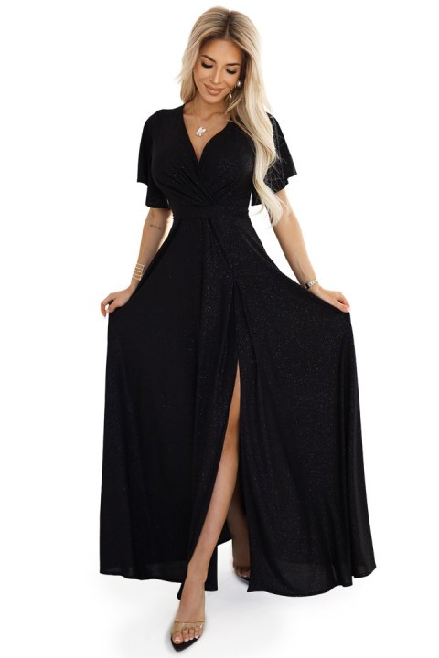 581-1 JENNIFER połyskująca długa suknia z rękawkiem i dekoltem - CZARNA Z BROKATEM - XXL 581-1 JENNIFER połyskująca długa suknia z rękawkiem i dekoltem - CZARNA Z BROKATEM - XXL