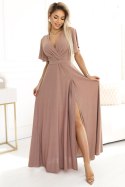 581-4 JENNIFER połyskująca długa suknia z rękawkiem i dekoltem - MOCHA MOUSSE Z BROKATEM - XXL