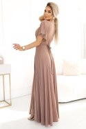 581-4 JENNIFER połyskująca długa suknia z rękawkiem i dekoltem - MOCHA MOUSSE Z BROKATEM - XXL