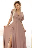 581-4 JENNIFER połyskująca długa suknia z rękawkiem i dekoltem - MOCHA MOUSSE Z BROKATEM - XXL