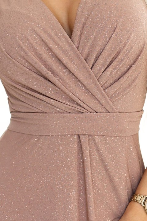 581-4 JENNIFER połyskująca długa suknia z rękawkiem i dekoltem - MOCHA MOUSSE Z BROKATEM - XXL 581-4 JENNIFER połyskująca długa suknia z rękawkiem i dekoltem - MOCHA MOUSSE Z BROKATEM - XXL