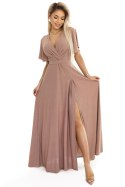 581-4 JENNIFER połyskująca długa suknia z rękawkiem i dekoltem - MOCHA MOUSSE Z BROKATEM - XXL