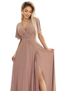 581-4 JENNIFER połyskująca długa suknia z rękawkiem i dekoltem - MOCHA MOUSSE Z BROKATEM - XXL