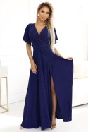 581-5 JENNIFER połyskująca długa suknia z rękawkiem i dekoltem - GRANATOWA Z BROKATEM - XL
