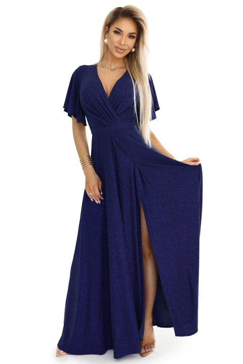 581-5 JENNIFER połyskująca długa suknia z rękawkiem i dekoltem - GRANATOWA Z BROKATEM - XXL 581-5 JENNIFER połyskująca długa suknia z rękawkiem i dekoltem - GRANATOWA Z BROKATEM - XXL