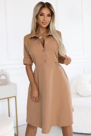 286-8 SANDY Koszulowa rozkloszowana sukienka z paskiem - MOCHA MOUSSE - L