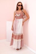 Sukienka damska boho na ramiączkach z haftem i koronką camelowa