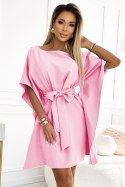 287-30 SOFIA Kobieca sukienka motyl z wiązaniem w pasie - PASTELOWY RÓŻ - S/M