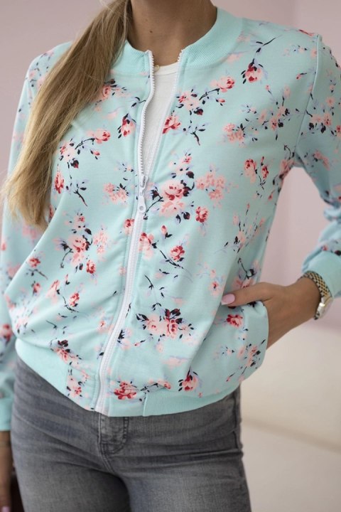 Bluza damska w kwiaty na zamek jasno miętowa uniwersalny Bluza damska w kwiaty na zamek jasno miętowa uniwersalny