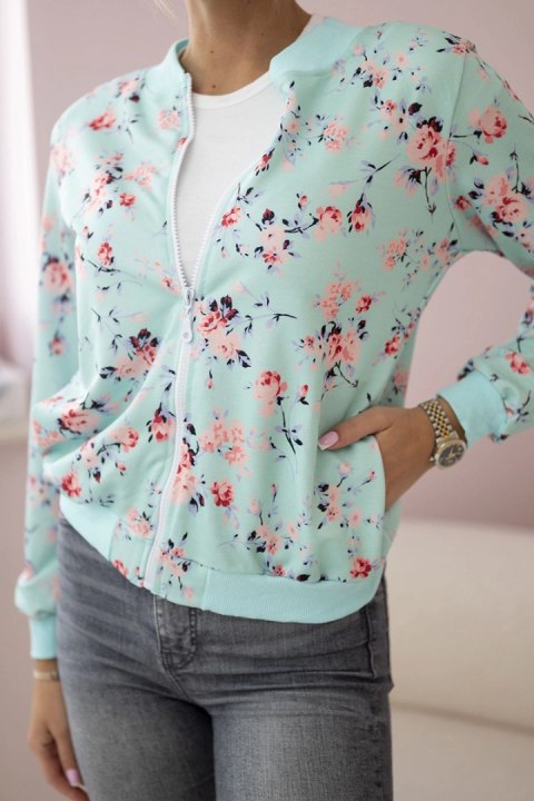 Bluza damska w kwiaty na zamek miętowa uniwersalny Bluza damska w kwiaty na zamek miętowa uniwersalny