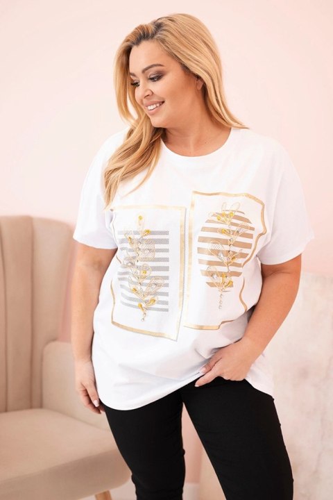 Bluzka damska bawełniana Plus Size z dżetami biały + camelowy uniwersalny