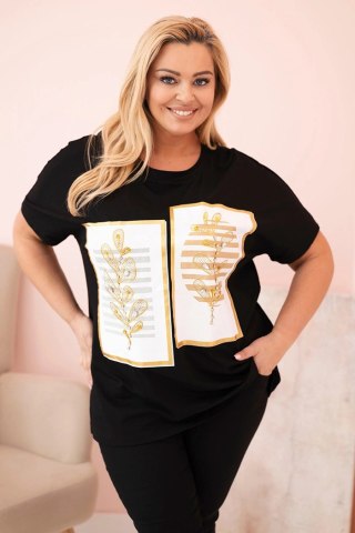 Bluzka damska bawełniana Plus Size z dżetami czarny + camelowy uniwersalny