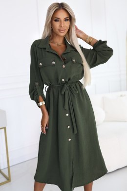 531-5 Szmizjerka midi ze złotymi guzikami i wiązaniem - KHAKI - UNI